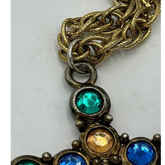 Multicolor Blue Yellow Green Multi stone Gold Tone Cross Long Pendant Necklace - Picture 8 of 8